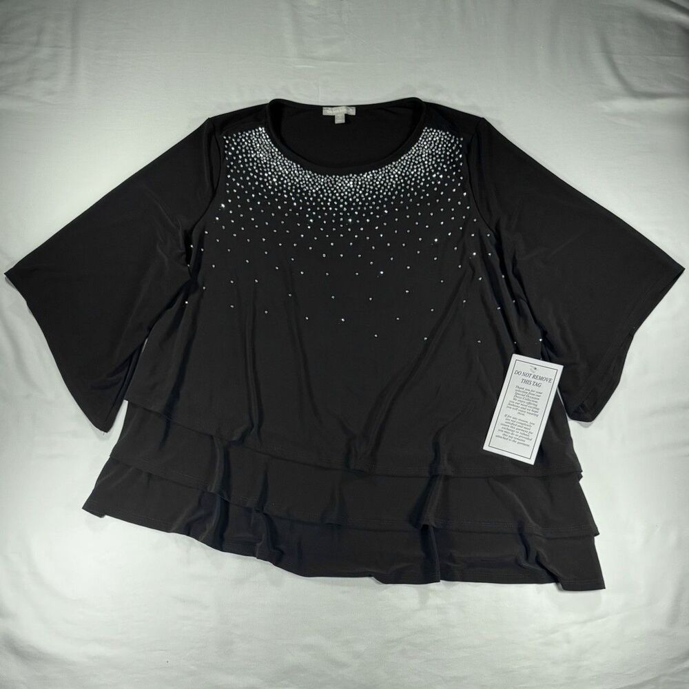 NWT Woman Within Size 2X (26/28) Black Top Rhinestone Round Neck Ruffle Layers